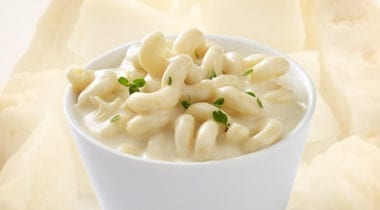 cavatappi pasta with white cheddar cheese sauce in dish