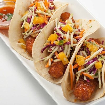 fish tacos with mango salsa and slaw