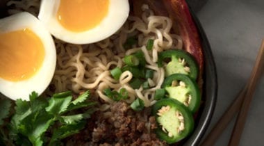 ramen bowl with jalapeno, beef, bacon and eggs