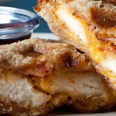 chicken, cheese and waffle sandwich