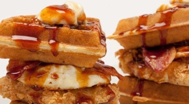 chicken and waffles, egg and syrup sandwich