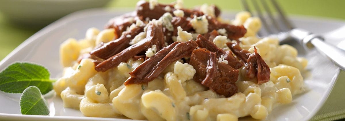 macaroni and cheese topped with shredded beef