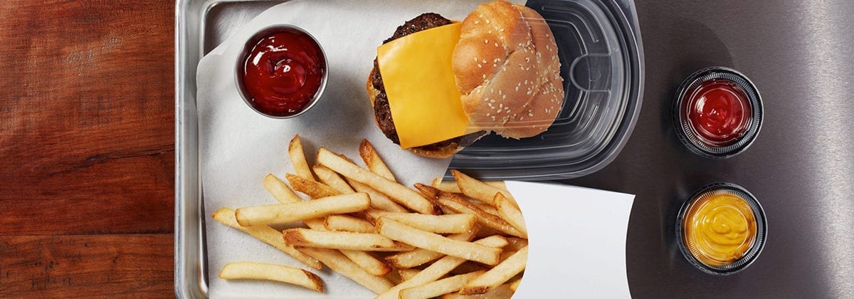 burger and french fries with ketchup
