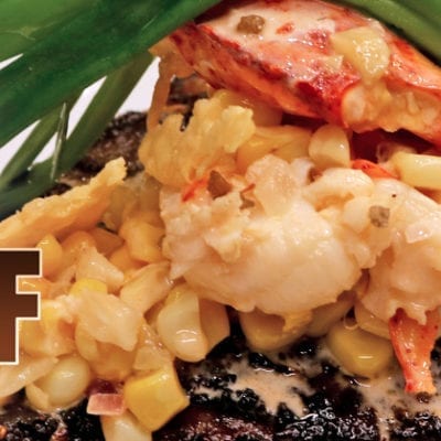 steak with lobster and cream corn, sur and turf graphic