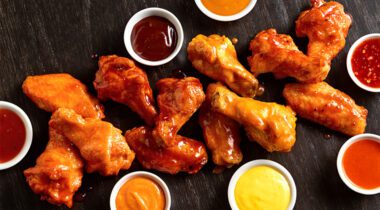 crestview chicken wings on black table multiple dipping choices