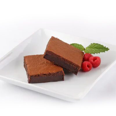 sweet source fudge brownie on white plate